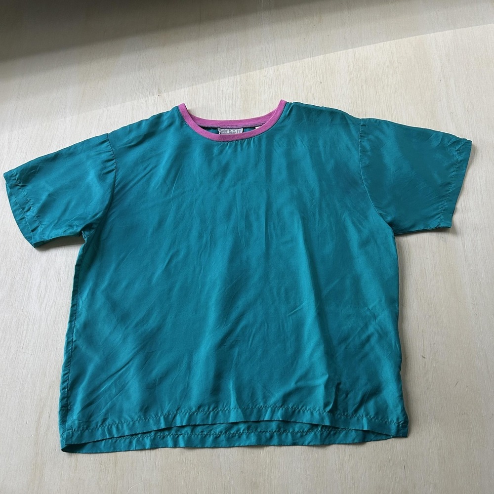 Vintage Esprit Shirt Tee Womens Medium Green Pink Trim 100% Cotton Hong Kong